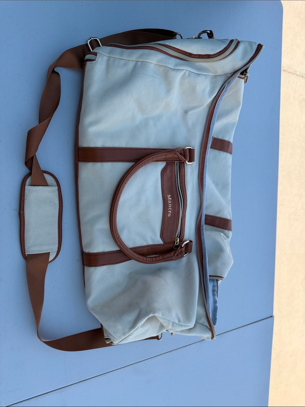 Light Blue and Brown Canvas Weekender Duffel Bag